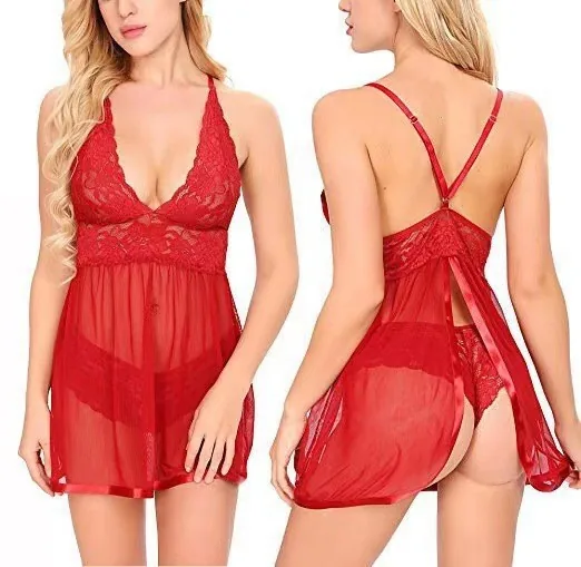 Nuisette caraco en maille à bordure en dentelle