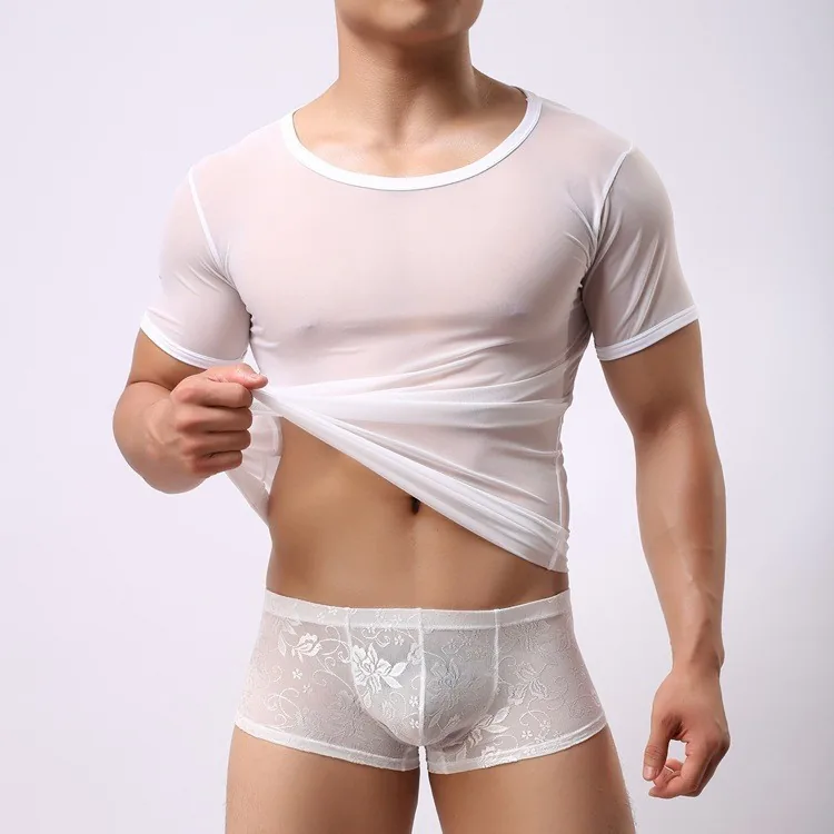 Haut à manches courtes en résille transparente pour homme
