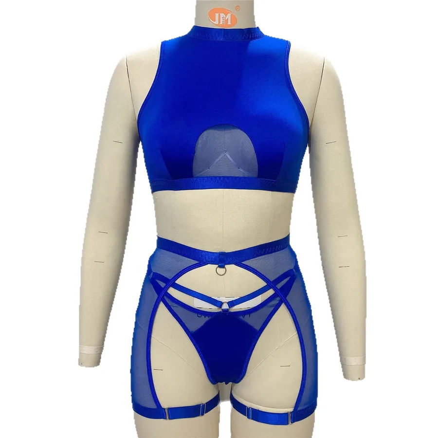 Set con reggicalze in mesh trasparente a collo alto