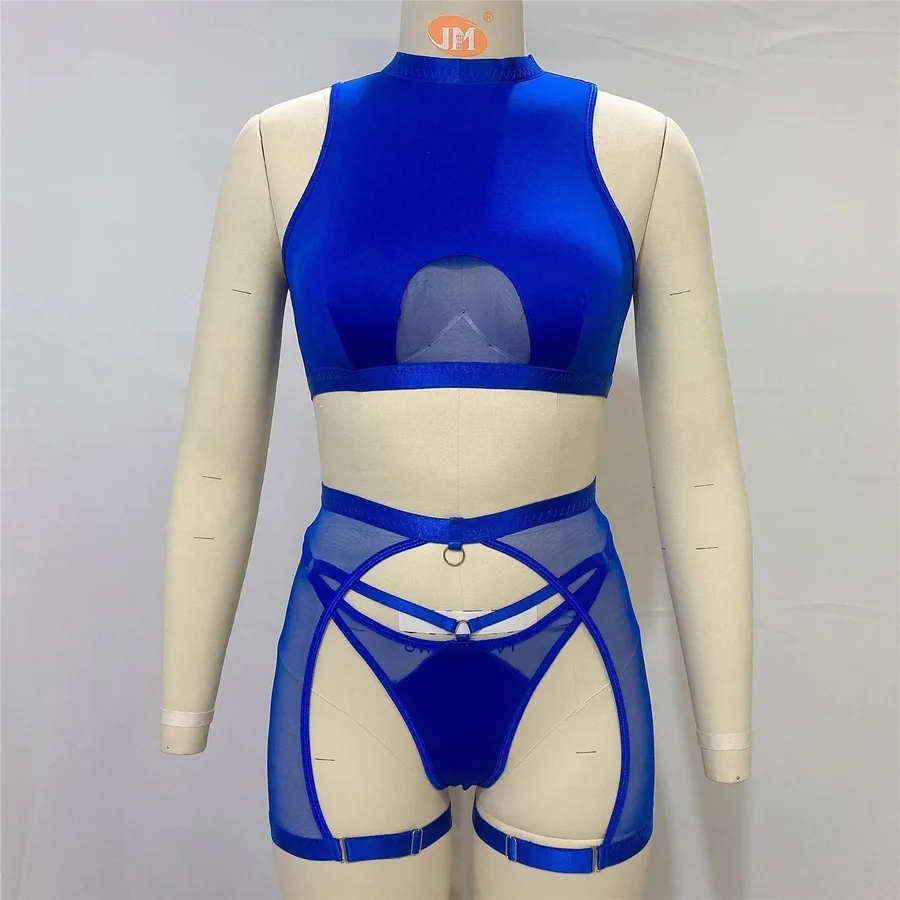 Set con reggicalze in mesh trasparente a collo alto