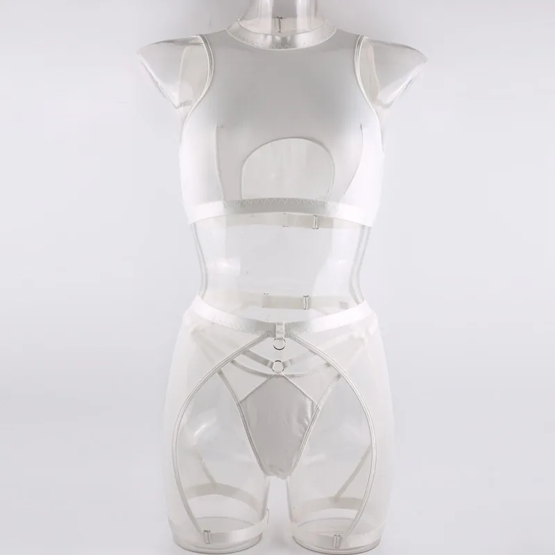 Set con reggicalze in mesh trasparente a collo alto