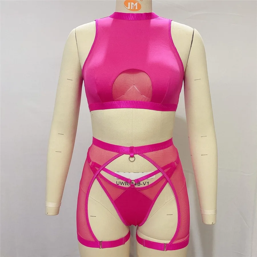 Set con reggicalze in mesh trasparente a collo alto