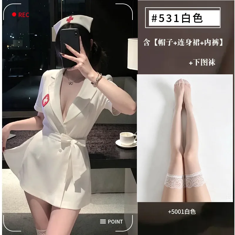 Conjunto de disfraz de rol de enfermera con vestido de escote profundo