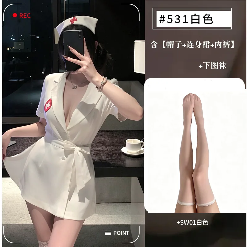 Conjunto de disfraz de rol de enfermera con vestido de escote profundo