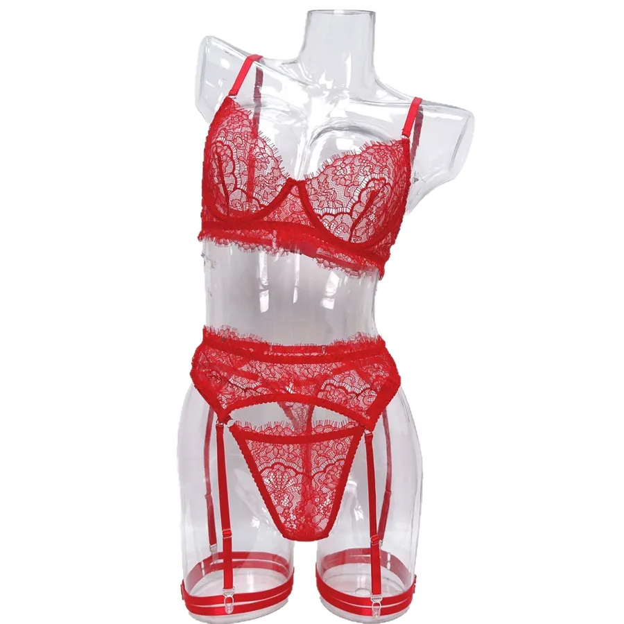 Conjunto de Sutiã com Renda e Cinta-Liga com Argolas de Coxa