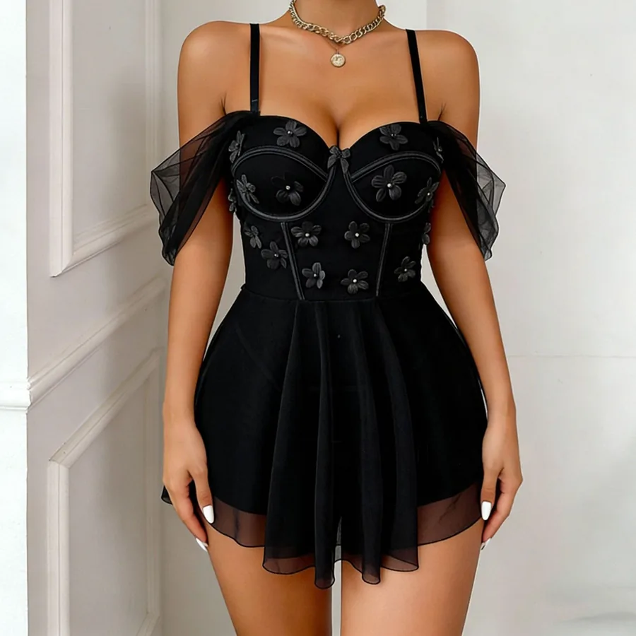 Camicia da notte a maniche a sbuffo in mesh floreale