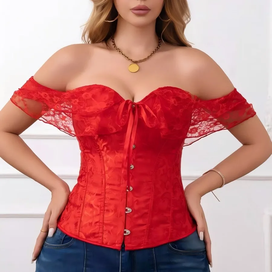 Top Corset de Renda com Ombros de Fora