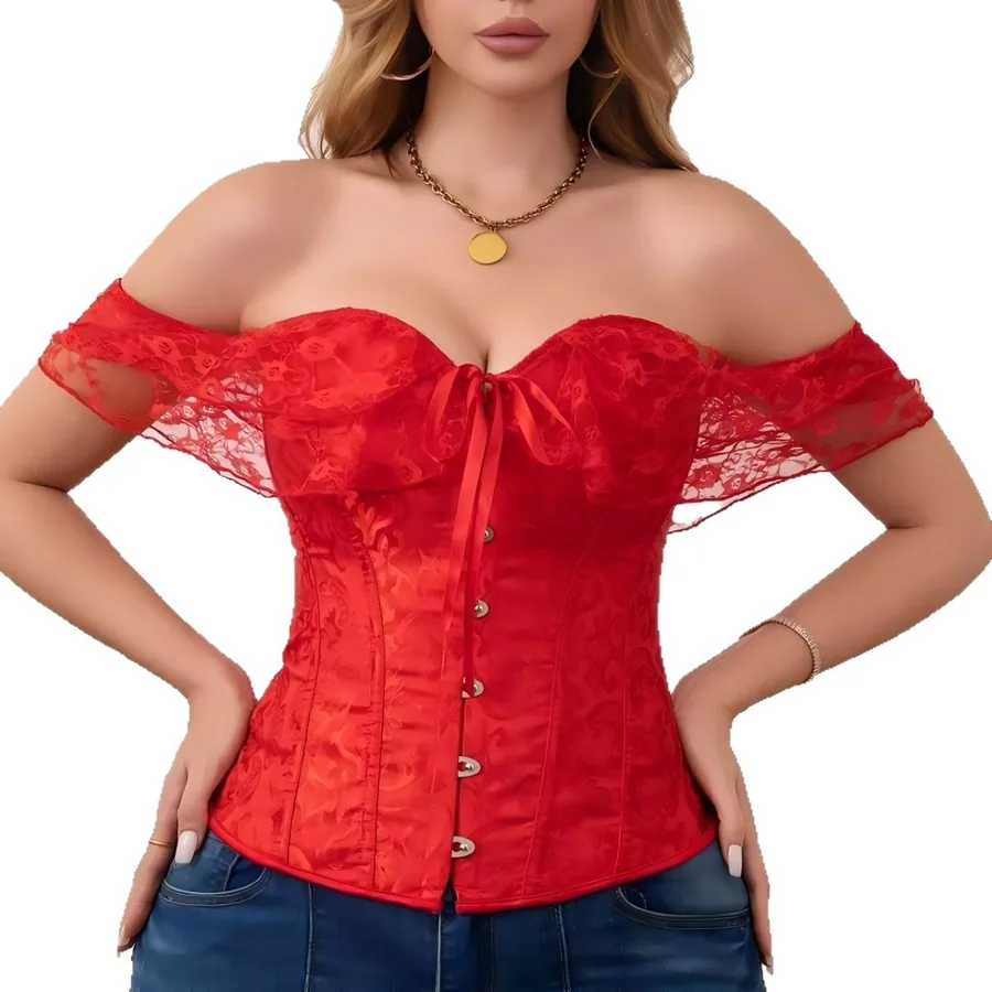Top Corset de Renda com Ombros de Fora