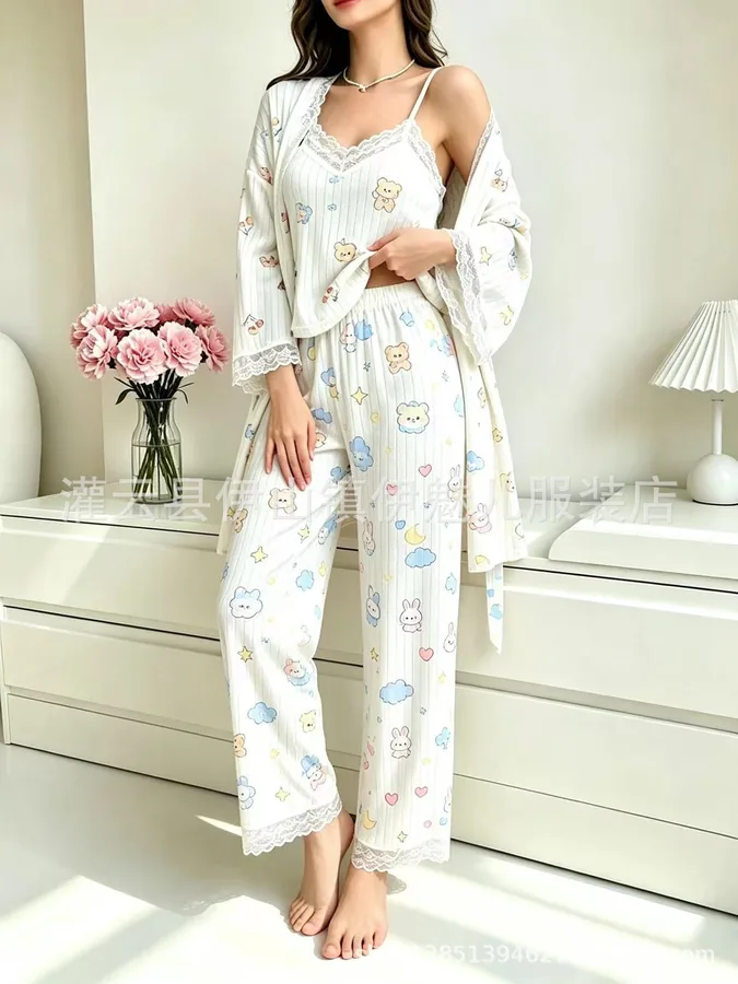 Pijama de Três Peças com Faux Fur