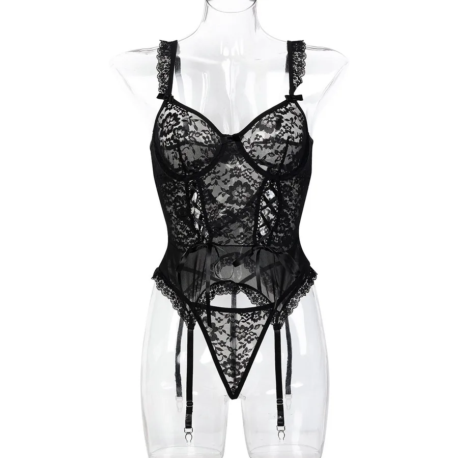 Corset en dentelle transparente avec jarretelles