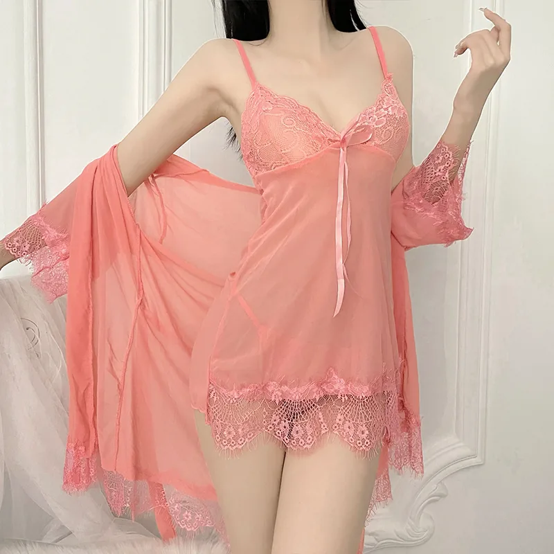 Transparentes Mesh-Unterkleid und Morgenmantel im Set