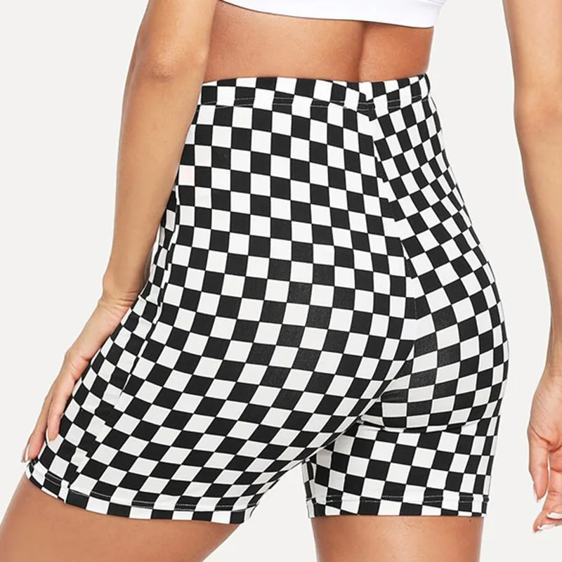 Shorts de yoga de talle alto a cuadros en blanco y negro