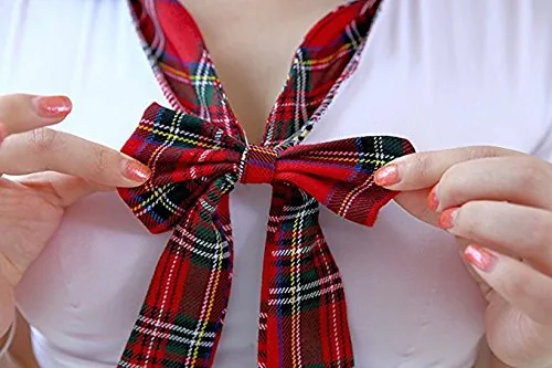 Conjunto de Fantasia Cosplay Estudante com Top Cropped Xadrez Vermelho