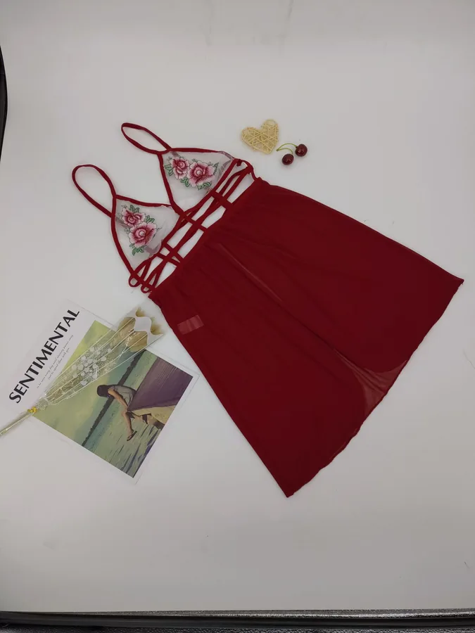 Rotes Mesh-Slip-Kleid mit Stickerei