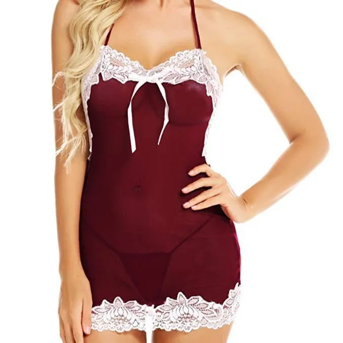 Conjunto de body sin espalda de encaje transparente y minifalda