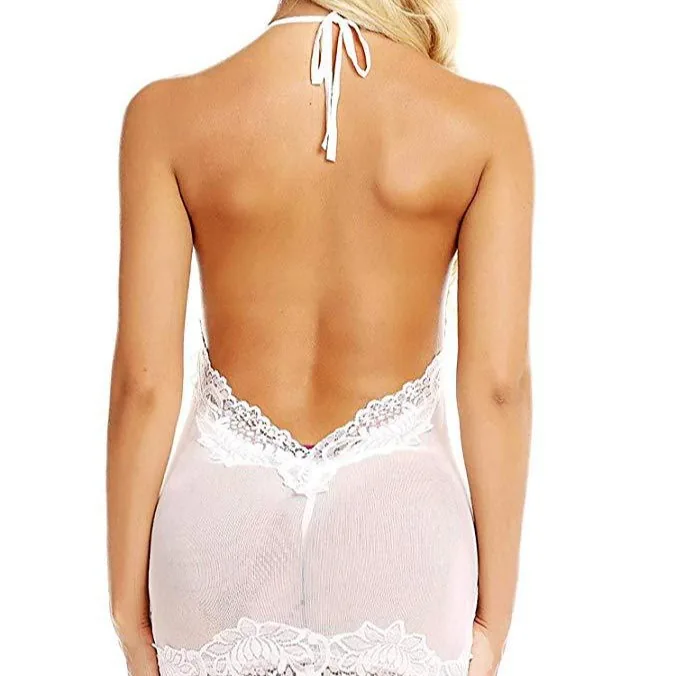 Conjunto de body sin espalda de encaje transparente y minifalda