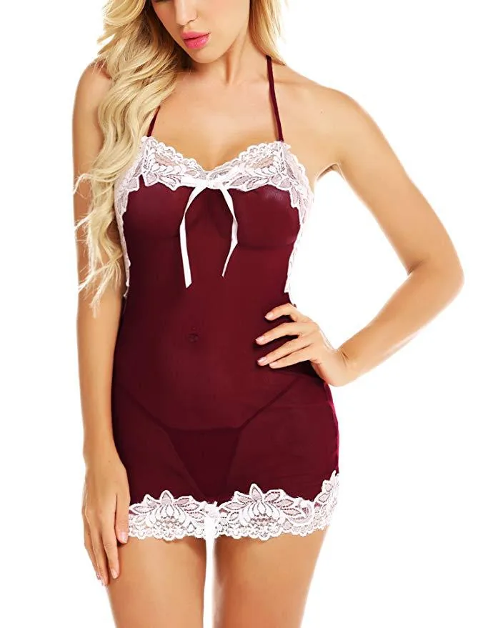 Conjunto de body sin espalda de encaje transparente y minifalda