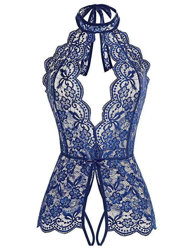Conjunto de body halter de encaje con aberturas