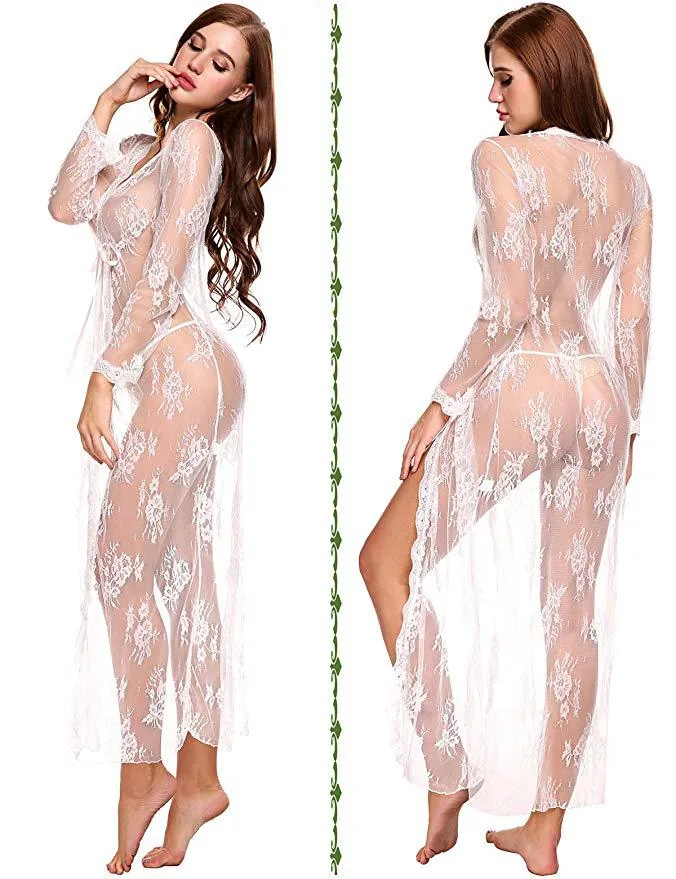 Camicia da notte con vestaglia lunga in pizzo e rete trasparente
