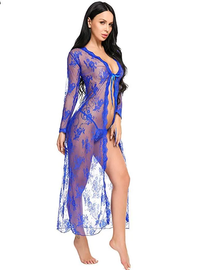 Camicia da notte con vestaglia lunga in pizzo e rete trasparente