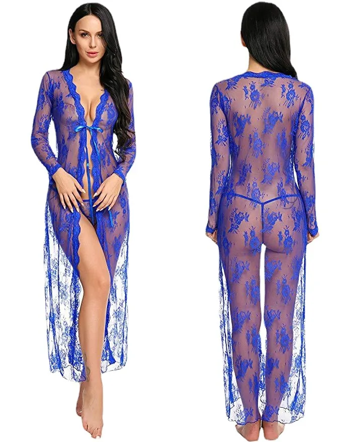 Camicia da notte con vestaglia lunga in pizzo e rete trasparente