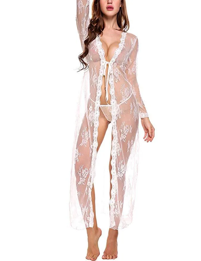 Camicia da notte con vestaglia lunga in pizzo e rete trasparente
