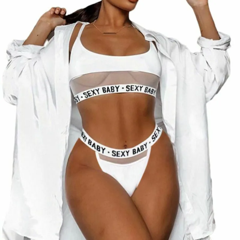 Dreiteiliges Dessous-Set mit Cutouts und Buchstabenprint