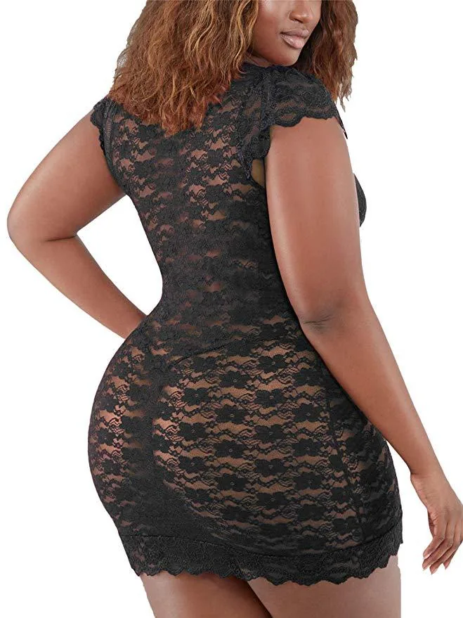 Conjunto de Lingerie Plus Size Justo de Renda Transparente