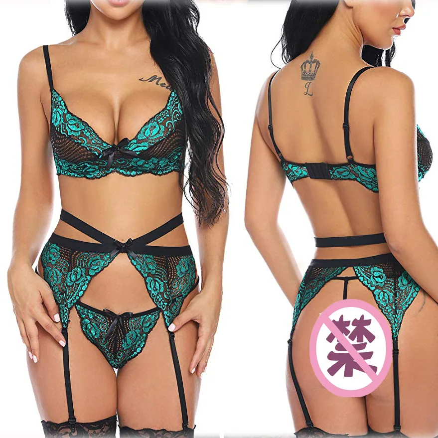 Transparentes Spitzen-Dessous-Set, dreiteilig