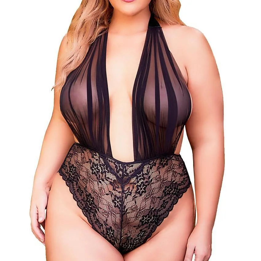 Body grande taille à dos nu en résille transparente