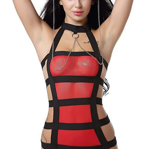 Body de malla transparente con tiras y cadena