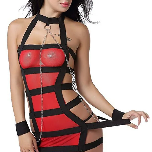 Body de malla transparente con tiras y cadena