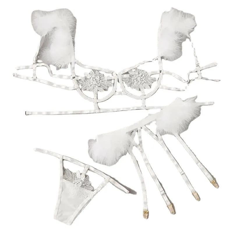 Set reggiseno aperto davanti con piume morbide