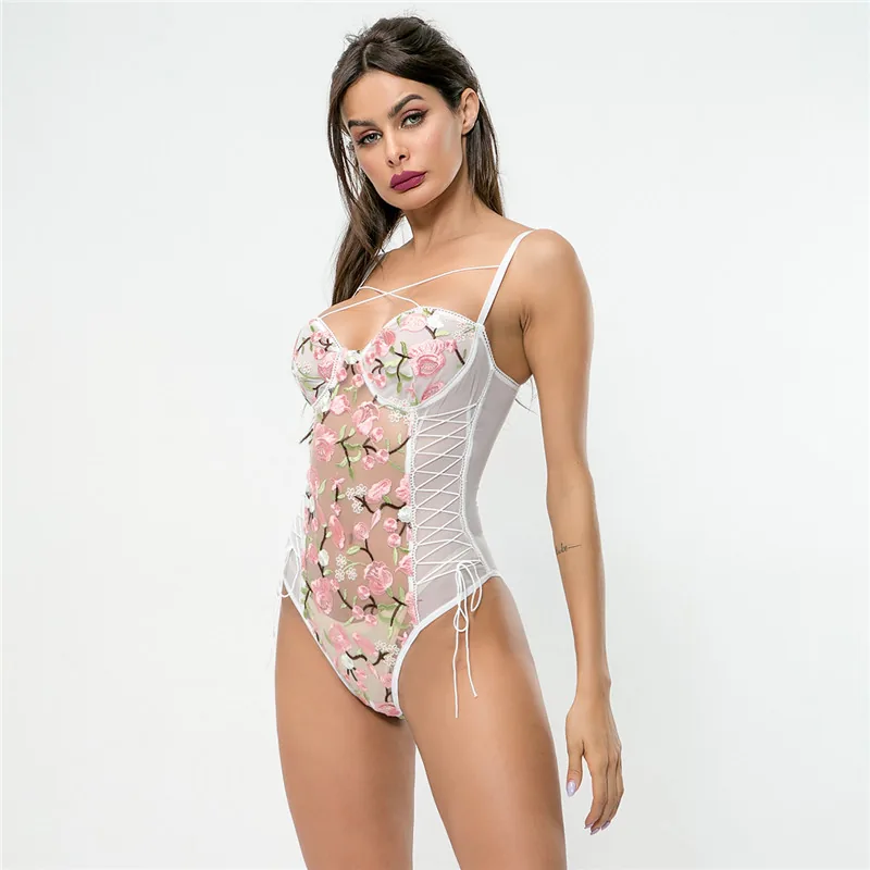 Mesh geborduurde cami bodysuit