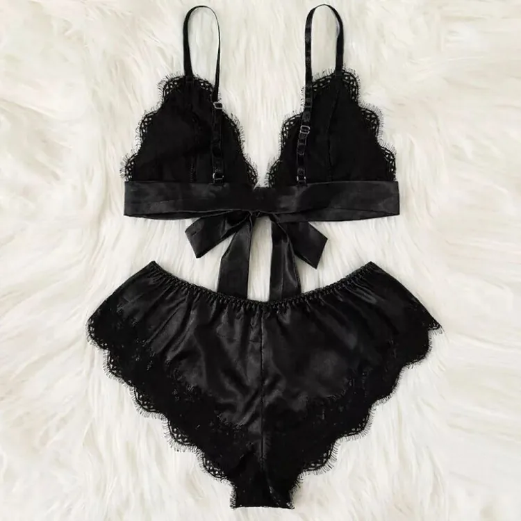 Kanten diepe V-hals strik cami en short-set