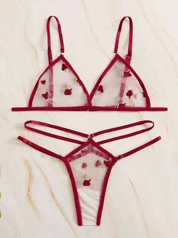 Röd prickig mesh-tre-delad lingerie-set