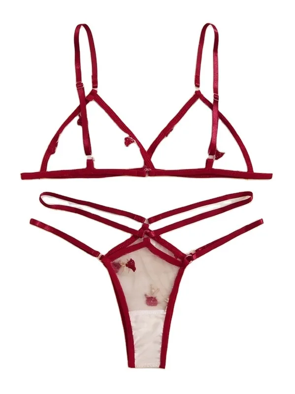 Röd prickig mesh-tre-delad lingerie-set