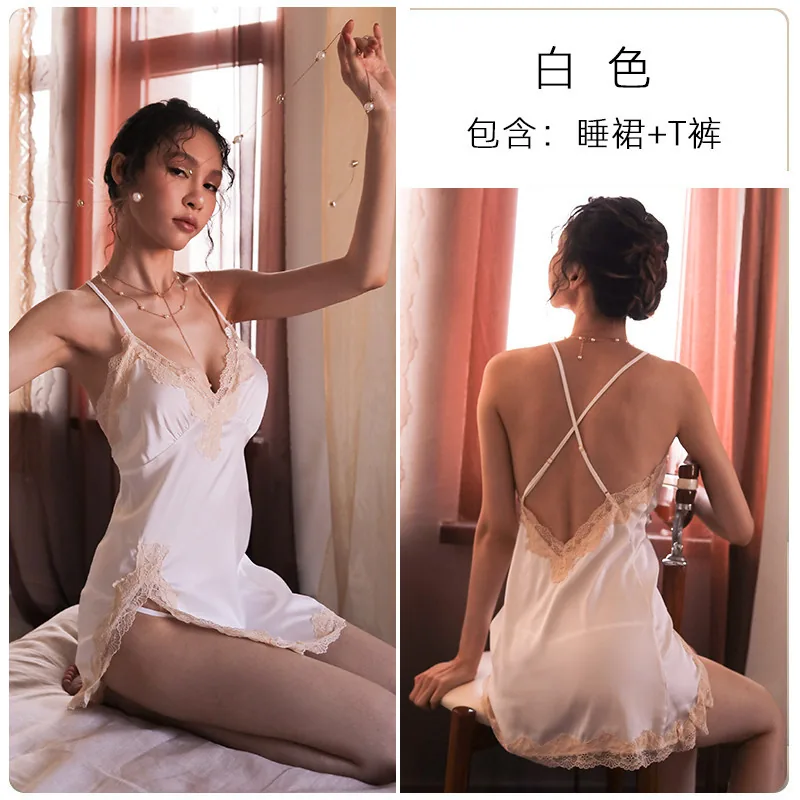 Camicia da notte sottoveste in pizzo e seta ghiaccio
