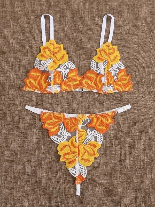 Conjunto de sujetador de encaje floral bordado