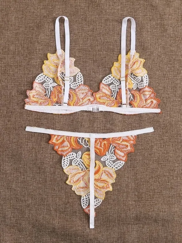 Conjunto de sujetador de encaje floral bordado