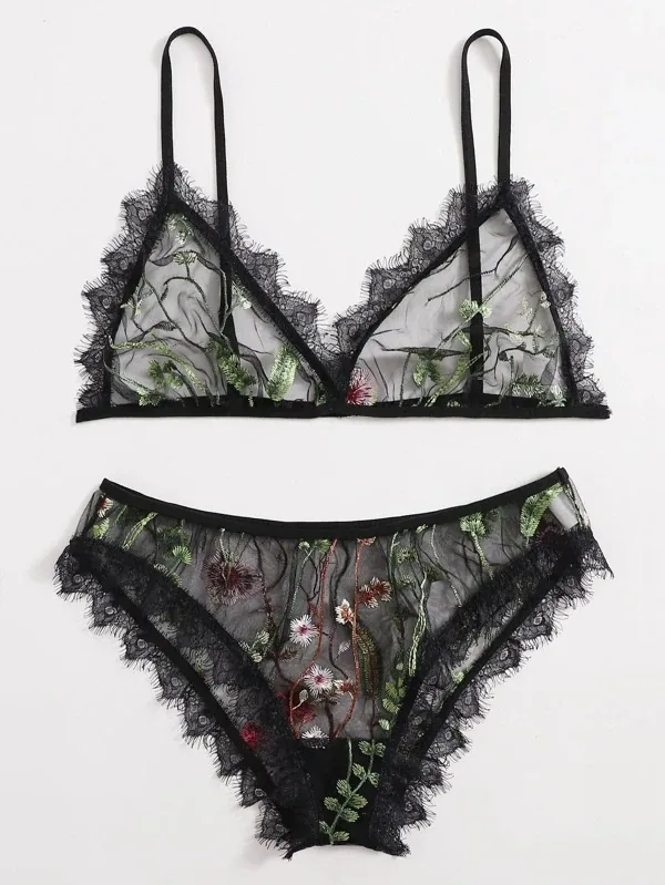 Ensemble de soutien-gorge imprimé avec bordure en dentelle noir