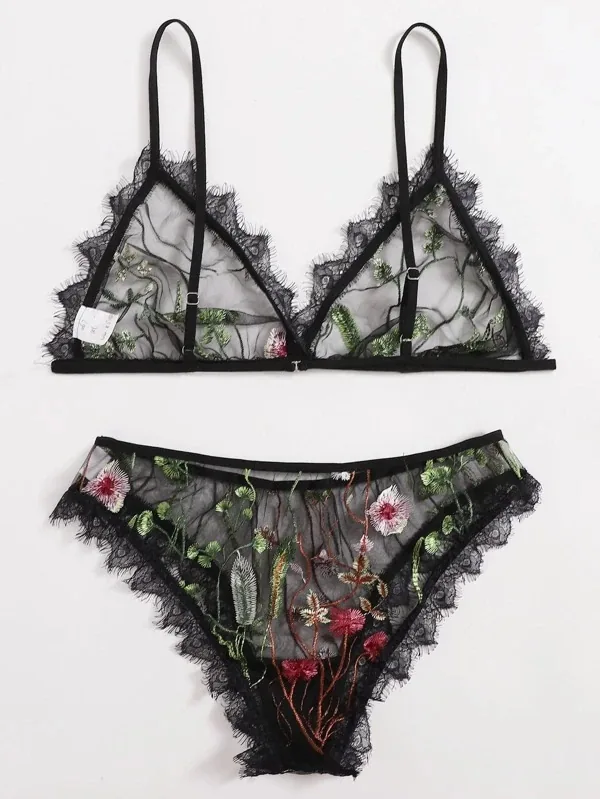 Ensemble de soutien-gorge imprimé avec bordure en dentelle noir