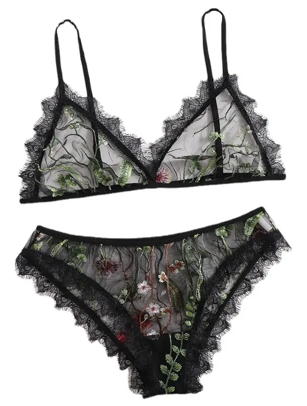 Ensemble de soutien-gorge imprimé avec bordure en dentelle noir
