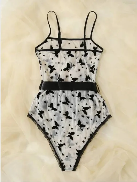 Bodysuit corset de malha com estampa de borboletas