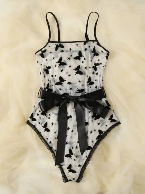Bodysuit corset de malha com estampa de borboletas