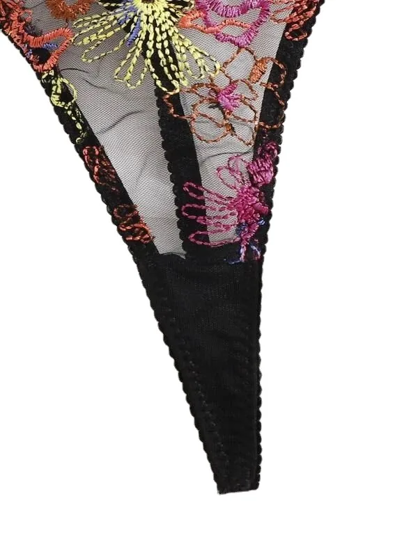 Conjunto de sujetador de tres piezas con bordado multicolor