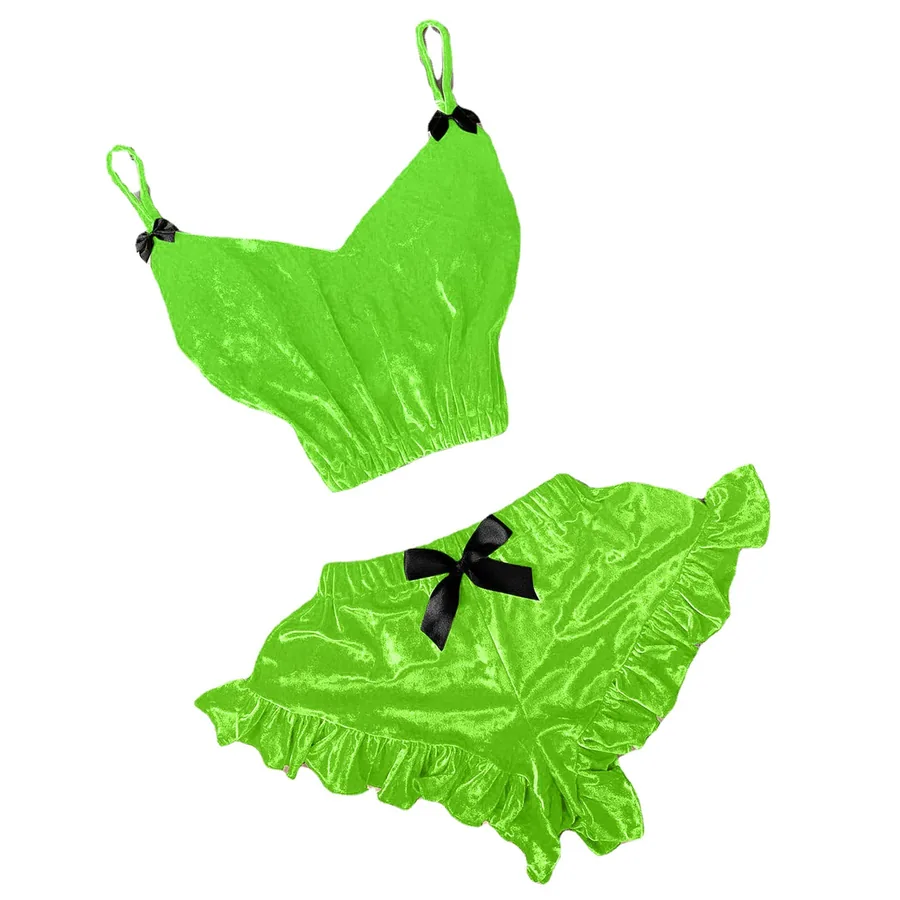 Zweiteiliges Pyjama-Set aus goldenem Samt mit Spaghettiträgern