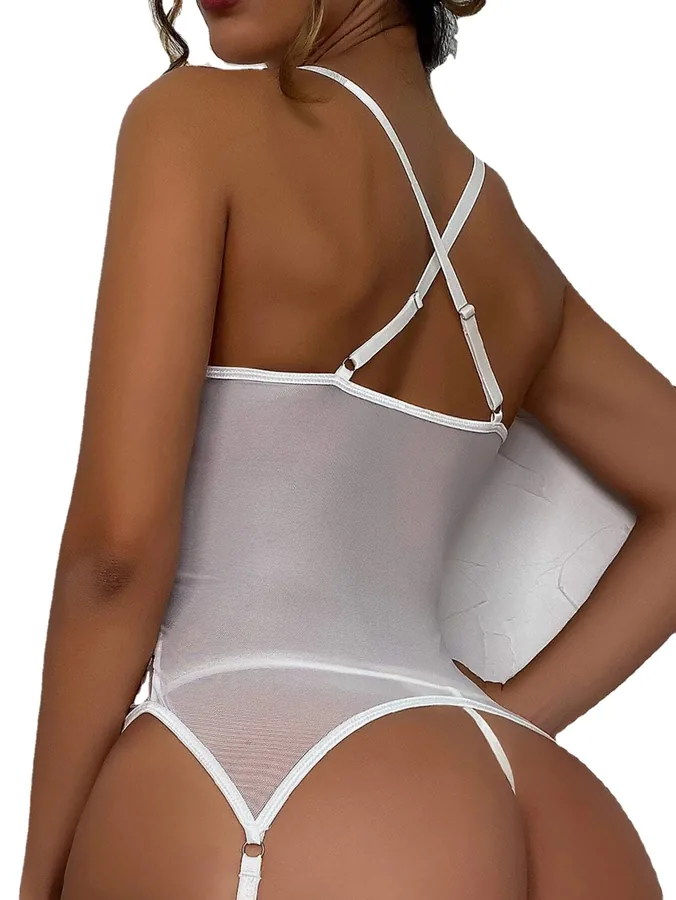 Set intimo body in mesh ricamato con cinturini