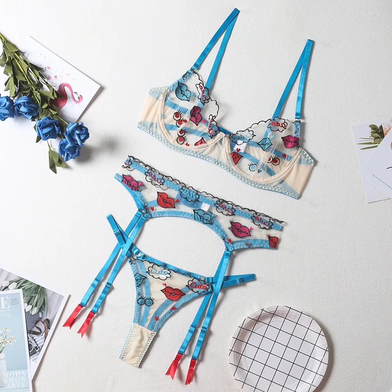 Ensemble soutien-gorge à bretelles motif lèvres rouges