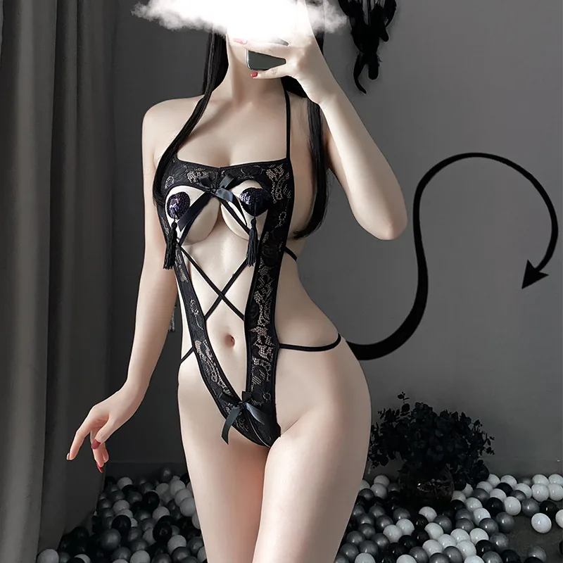 Ensemble costume de jeu de rôle bodysuit en dentelle noire